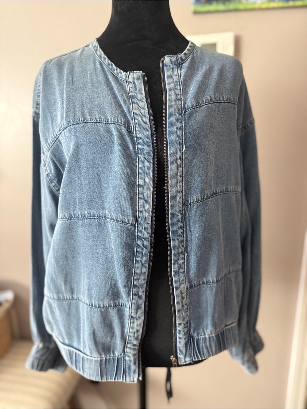 Doe & Rae Light Blue Denim Jacket - Collarless Zip Bomber